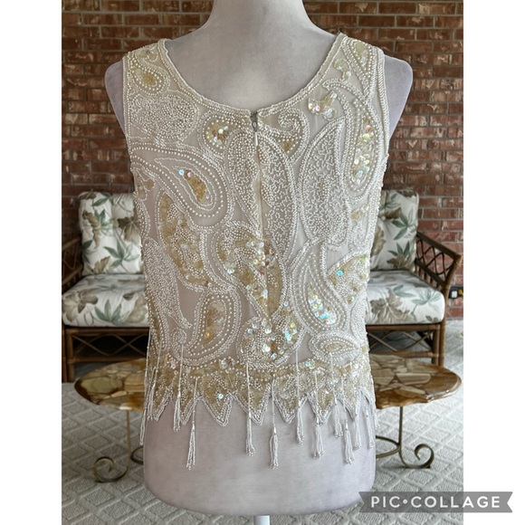 Nite Line Vintage Cream Pearl Sequin Beaded Fringe Top S - Picture 4 of 12